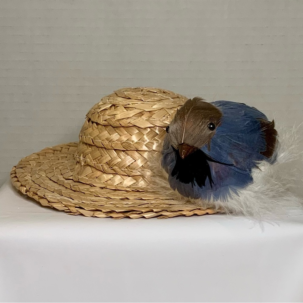 Bear Doll Straw Hat Accessory Blue and White Bird Decoration DIY Crafting Wreath